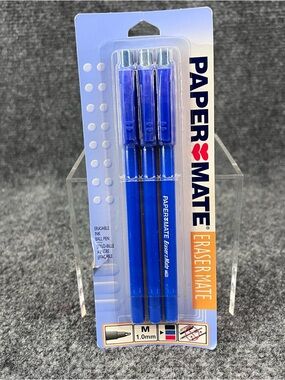Vtg Paper Mate Eraser Mate 3 Pack 2001 Erasable Blue Ink Pen Medium Point NOS